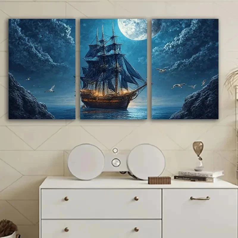 3pcs Sailing Ship At Night Wall Art Set Canvas Framed 50x70cm - High Quality Print 100% Australian Made Wall Canvas Ready to Hang