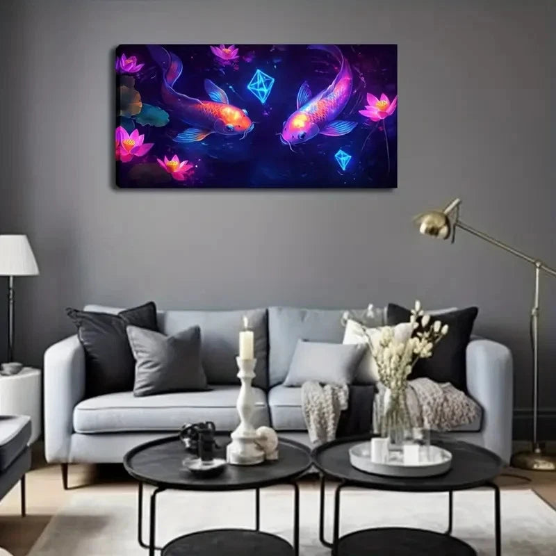 Vibrant Goldenfish  Pink Lotus Wall Art Canvas Office Home Room Framed 120x60cm