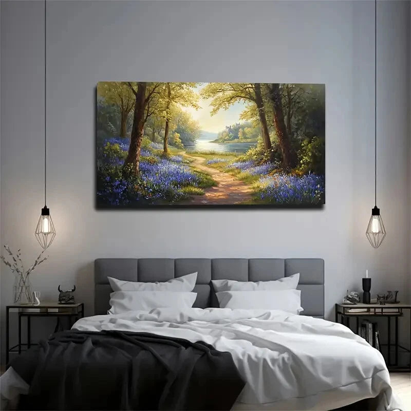 Serene Blue Floral Pathway Wall Art Canvas Office Home Room Framed 120x60cm - Bella Home Decor