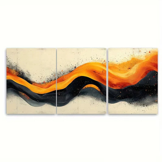 3pcs Vibrant Urban Abstract Wavy Orange Yellow Bla Metal Print Ready to Hang Art