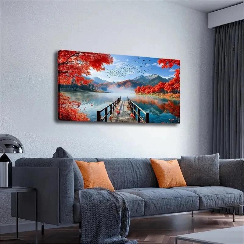 Autumnal Lake and Flying Geese Wall Art Canvas Office Home Room Framed 120x60cm