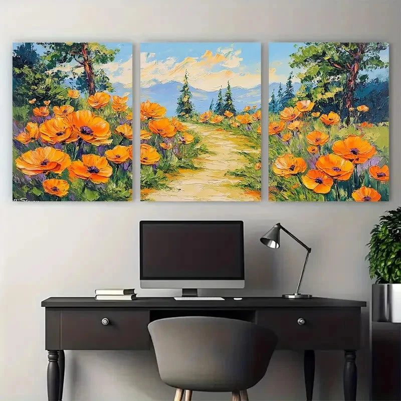 3pcs California Poppies Floral Pathway Landscape Metal Print Ready to Hang Art - Bella Home Decor