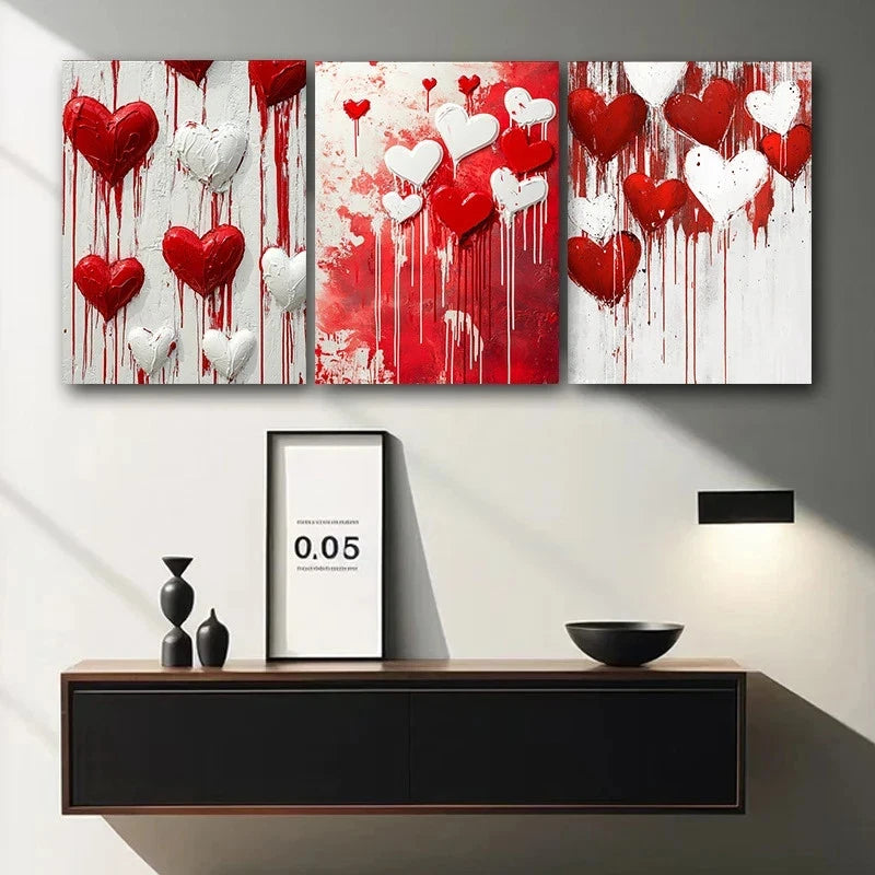 3pcs Red and White Hearts Dripping with Paint Metal Print Ready to Hang Art - Bella Home Decor
