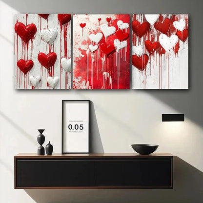 3pcs Red and White Hearts Dripping with Paint Metal Print Ready to Hang Art - Bella Home Decor