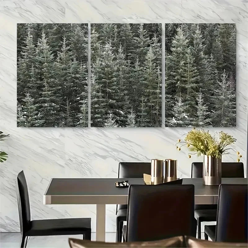 3pcs Snowy Winter Scene with Fir Trees Metal Print Ready to Hang Art