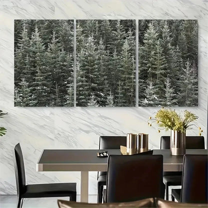 3pcs Snowy Winter Scene with Fir Trees Metal Print Ready to Hang Art