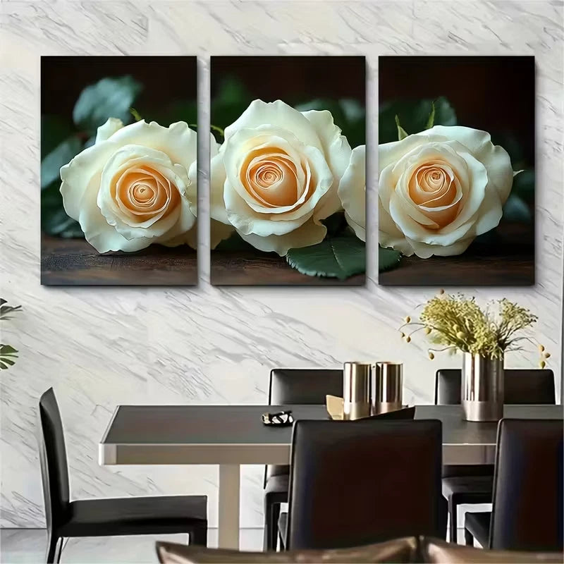 3pcs Elegant White Roses Floral Photography Metal Print Ready to Hang Art