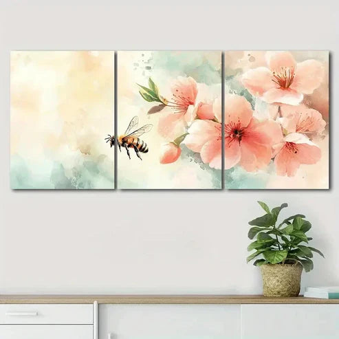 3pcs Vibrant Watercolor Bee & Flower Perfect Wall Art Set Canvas Unframed - High Quality Print 100% Australian Made Wall Canvas