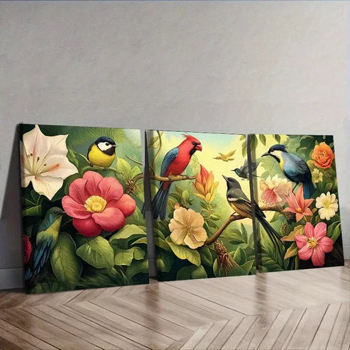 3pcs Birds And Flowers Floral Wall Art Set Canvas Framed 60x90cm - High Quality Print 100% Australian Made Wall Canvas Ready to Hang