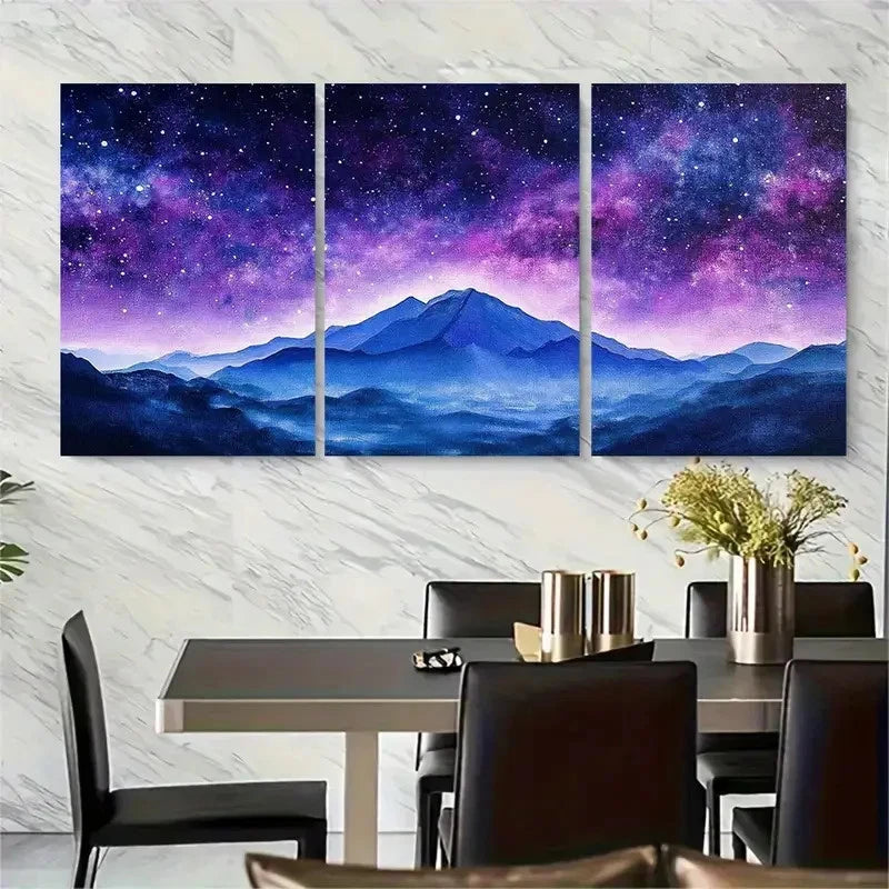 3pcs Night Sky Over Mountain Range Metal Print Ready to Hang Art