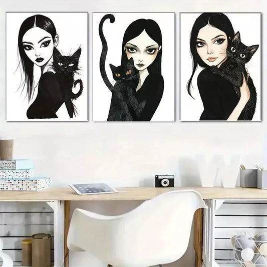 3pcs Gothic Style Girl and Black Cat Triptych Wall Art Set Canvas Framed 40x60cm - High Quality Print 100% Australian Made Wall Canvas Ready to Hang