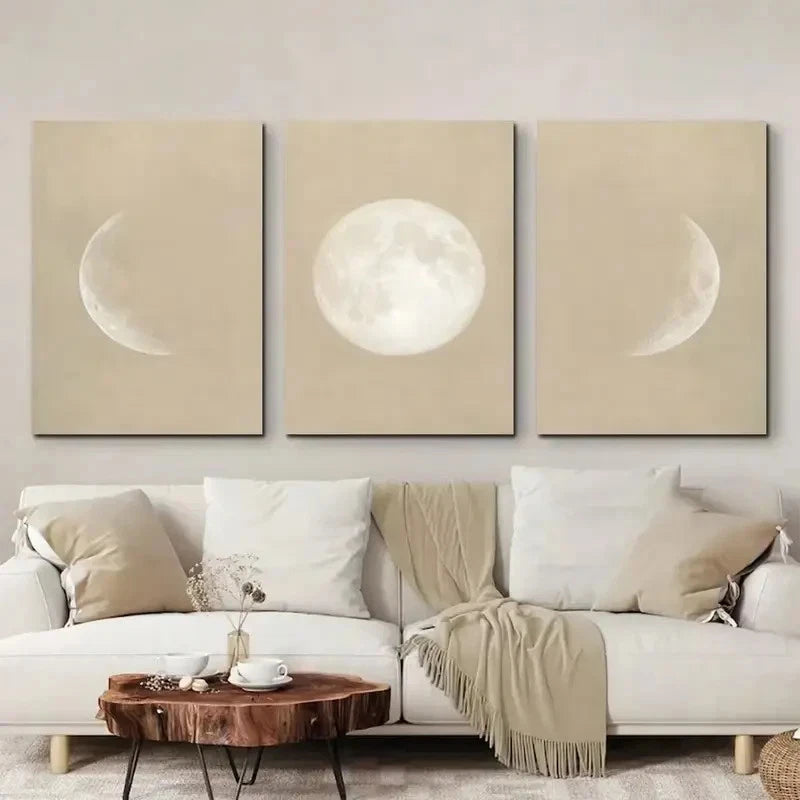 3pcs Bohemian Cream White Moon Metal Print Ready to Hang Art - Bella Home Decor