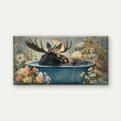 Moose in Bathtub with Flowers Wall Art Canvas Office Home Room Framed 120x60cm