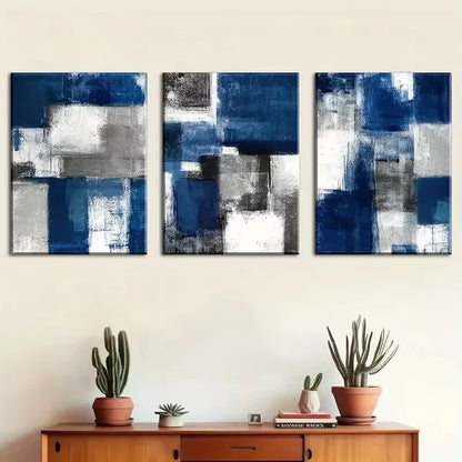 3pcs Abstract Blue Geometric Designs Metal Print Ready to Hang Art - Bella Home Decor