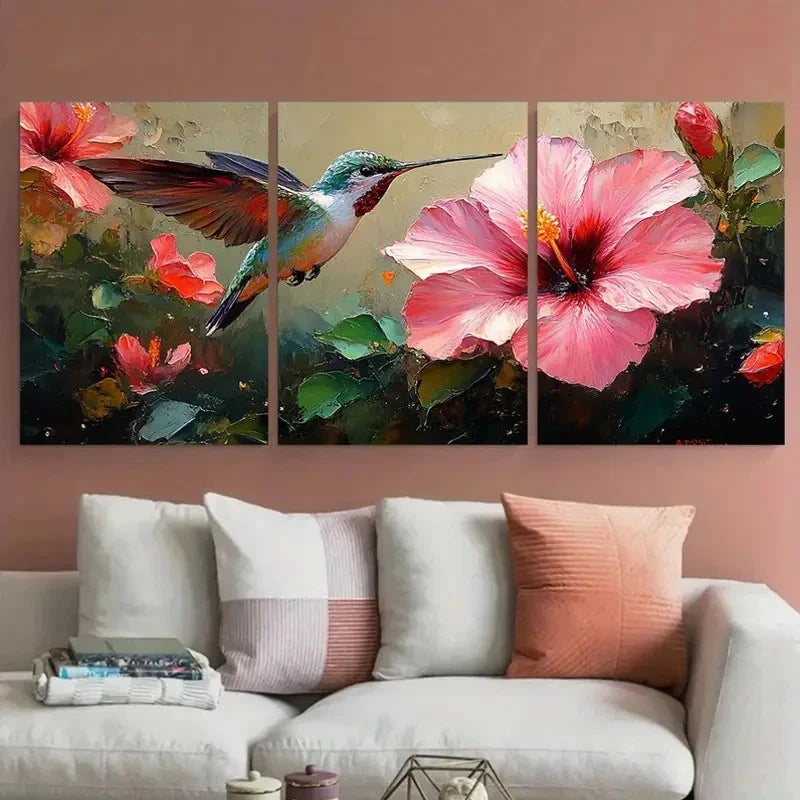 3pcs Hummingbird Hibiscus Florals Impasto Design Metal Print Ready to Hang Art - Bella Home Decor