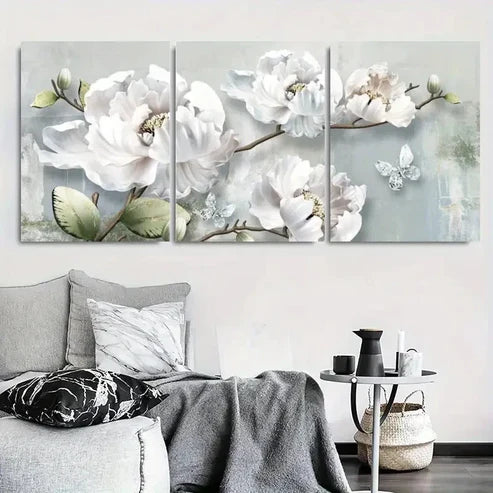 3pcs White Peony & Butterfly Botanical Wall Art Canvas Unframed - High Quality Print 100% Australian Made Wall Canvas