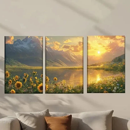 3pcs Stunning Sunset Above a Mountain Lake Wall Art Canvas Unframed - High Quality Print 100% Australian Made Wall Canvas