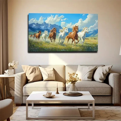 Horses Running In Meadow Wall Art Canvas Office Home Room Framed 120x60cm