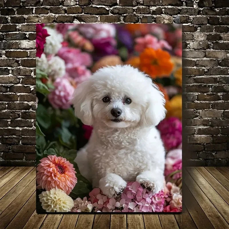 Adorable Bichon Frise Vibrant Floral Painting 40x60cm Metal Print Ready to Hang