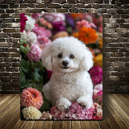 Adorable Bichon Frise Vibrant Floral Painting 40x60cm Metal Print Ready to Hang