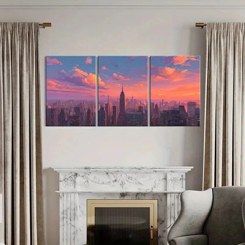 3pcs Sunset Cityscape Skyline Urban Landscape Metal Print Ready to Hang Art - Bella Home Decor