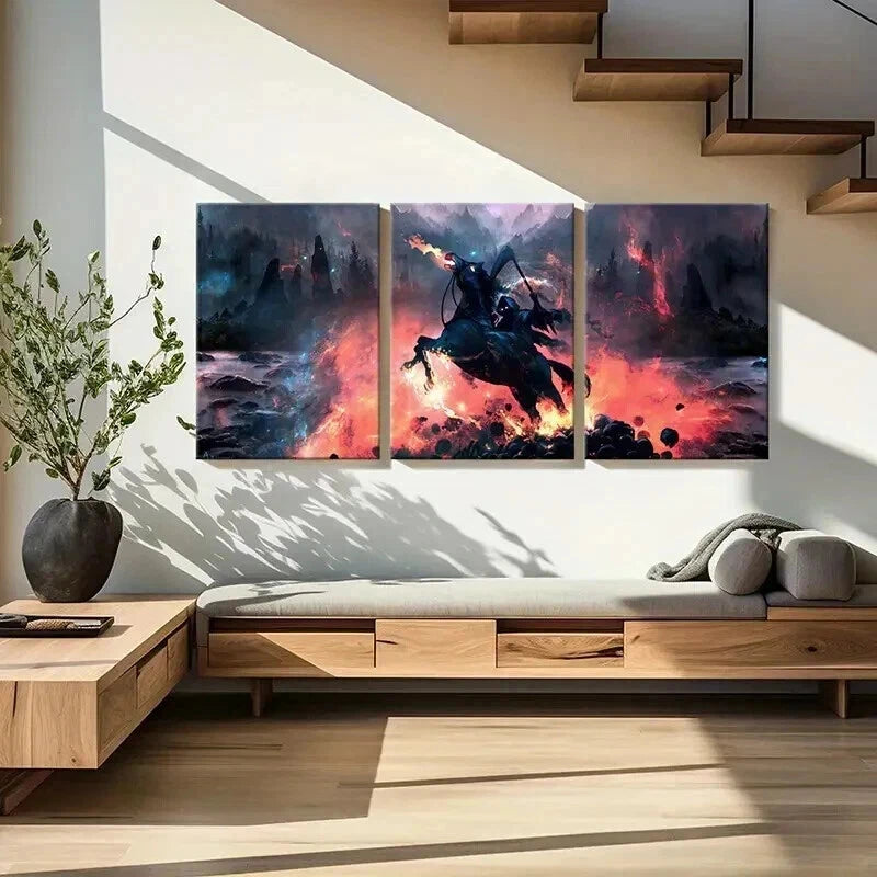 3pcs Grim Reaper on Black Horses Vintage Wall Art Set Canvas Framed 60x90cm - High Quality Print 100% Australian Made Wall Canvas Ready to Hang - Bella Home Decor