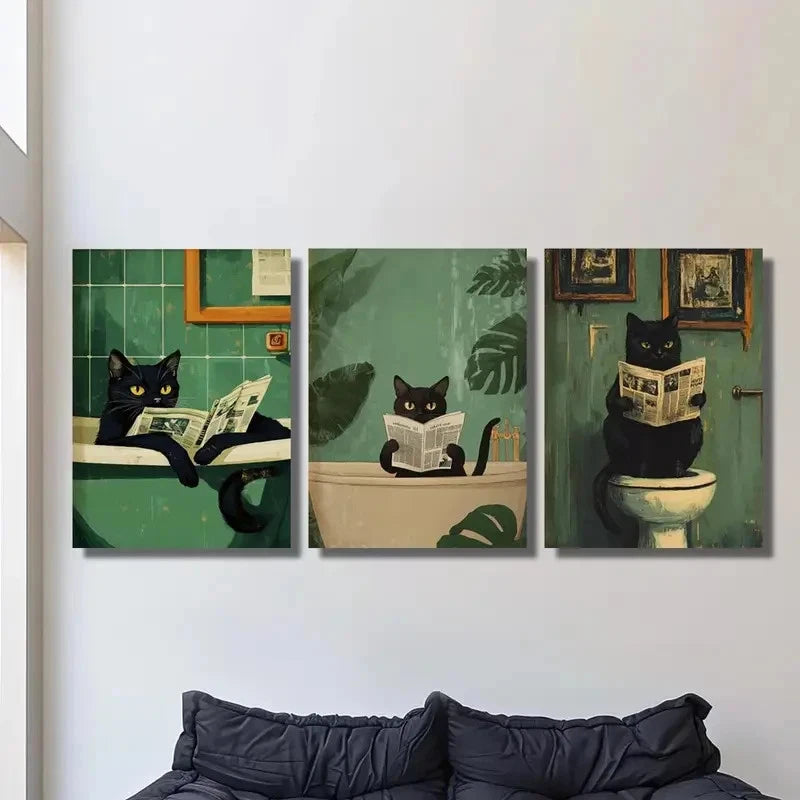 3pcs Bathroom Scenes with Newspaper Reading Cats Metal Print Ready to Hang Art - Bella Home Decor