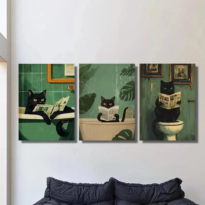 3pcs Bathroom Scenes with Newspaper Reading Cats Metal Print Ready to Hang Art - Bella Home Decor
