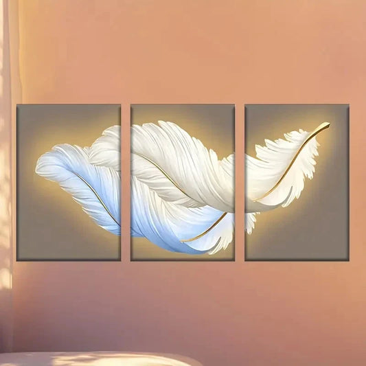 3pcs Golden Feather Wall Decor with Soft Glow Wall Art Set Canvas Framed 50x70cm - High Quality Print 100% Australian Made Wall Canvas Ready to Hang