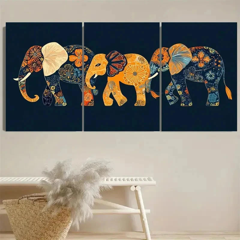 3pcs Decorativeed Elephants Wall Art Set Canvas Framed 50x70cm - High Quality Print 100% Australian Made Wall Canvas Ready to Hang - Bella Home Decor