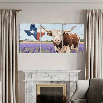 3pcs Texas Flag Longhorn Cow Lavender Field Metal Print Ready to Hang Art - Bella Home Decor