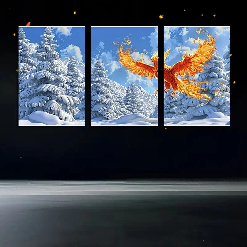 3pcs Vibrant Ice and Fire Phoenix Illustration Metal Print Ready to Hang Art - Bella Home Decor