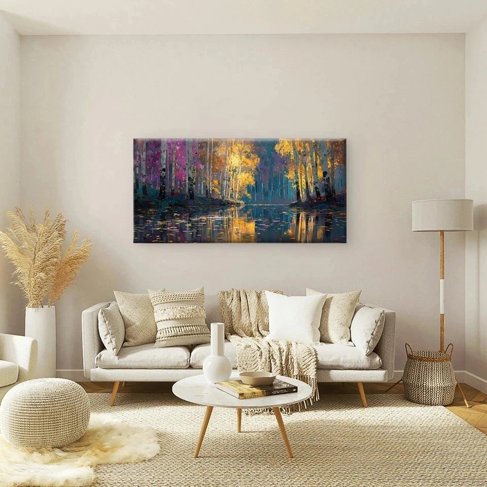 Autumnal Forest with Golden TreeWall Art Canvas Office Home Room Framed 120x60cm