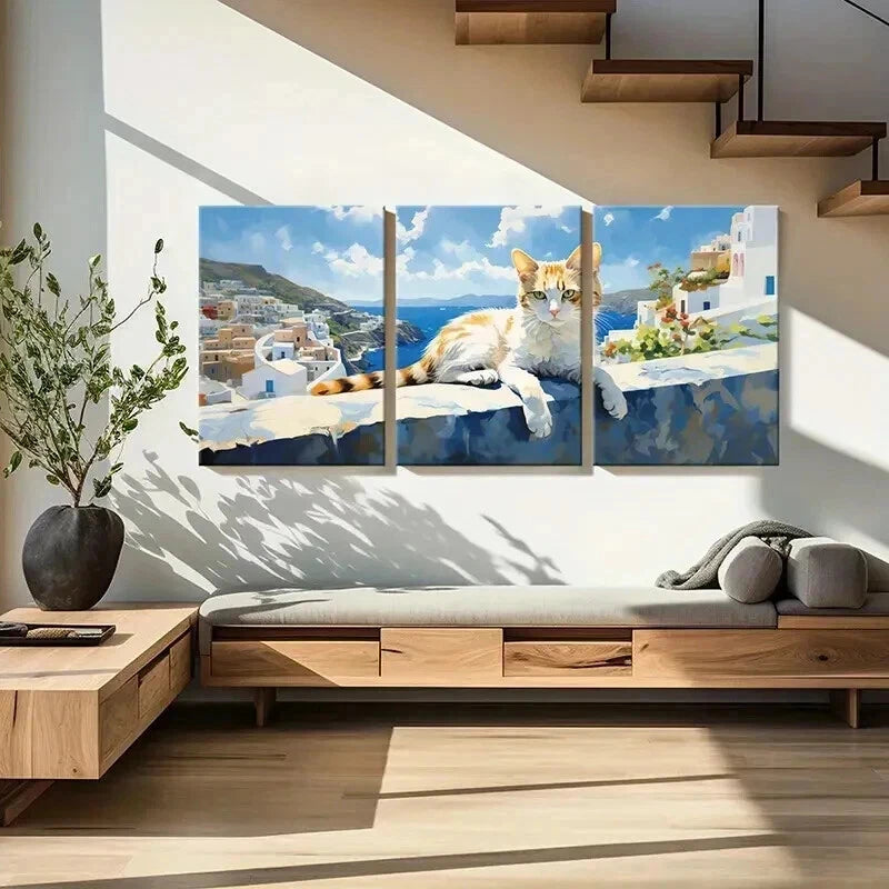 3pcs Abstract Cat & Aegean Sea of Greece Scene Wall Art Set Canvas Framed 40x60cm - High Quality Print 100% Australian Made Wall Canvas Ready to Hang - Bella Home Decor