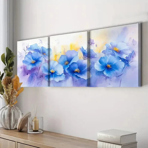 3pcs Blue Flower Colorful Floral Light Perfect Wall Art Set Canvas Unframed - High Quality Print 100% Australian Made Wall Canvas