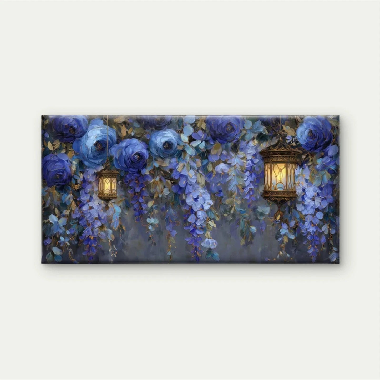 Blue Wisteria Flower Lantern Wall Art Canvas Office Home Room Framed 120x60cm