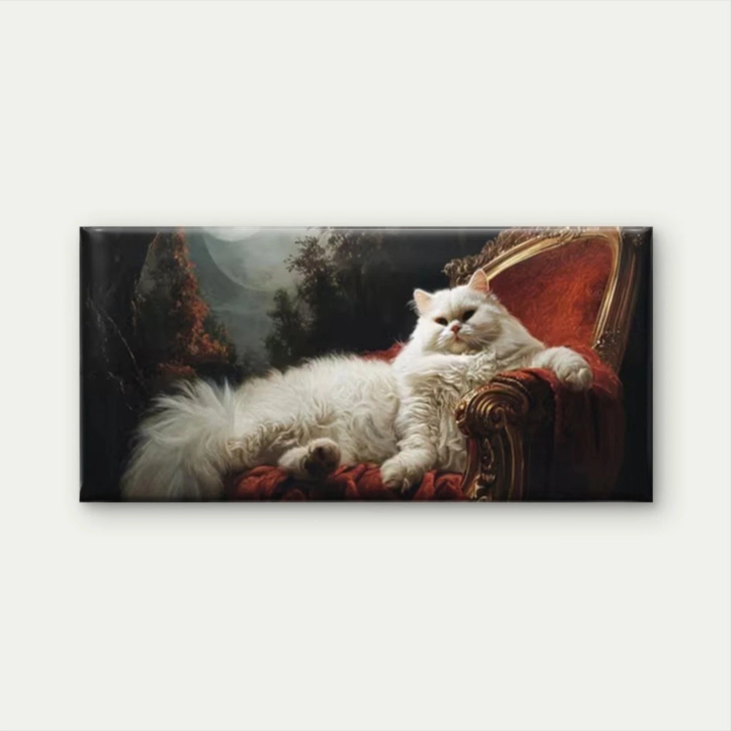 Fluffy Cat on Red Velvet Chair Wall Art Canvas Office Home Room Framed 120x60cm