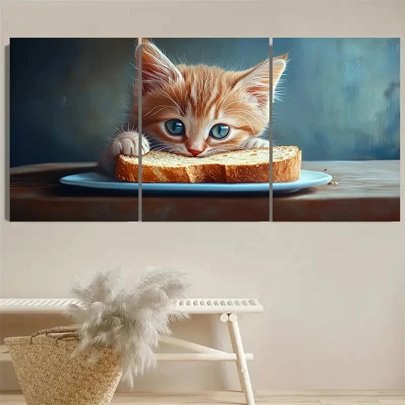3pcs Whimsical Little Cat Eating Bread Toast Wall Art Set Canvas Framed 40x60cm - High Quality Print 100% Australian Made Wall Canvas Ready to Hang - Bella Home Decor