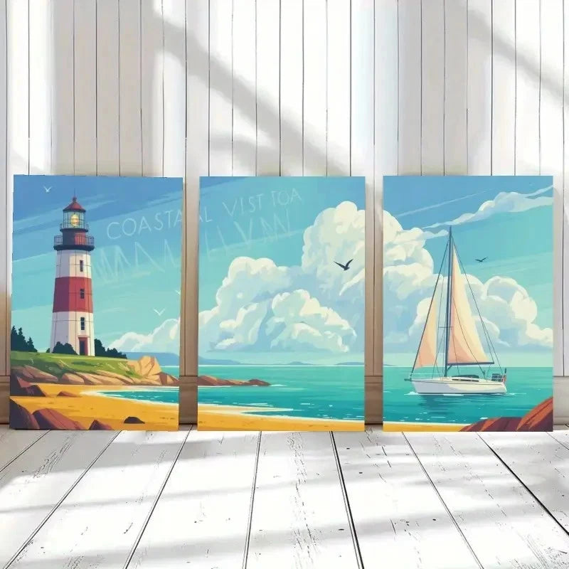 3pcs Blue Sky, Seagulls, Sandy Beach Wall Art Set Canvas Framed 40x60cm - High Quality Print 100% Australian Made Wall Canvas Ready to Hang - Bella Home Decor