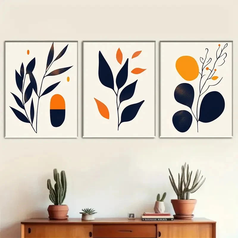3pcs Deep Blue and Orange Plant Shapes Metal Print Ready to Hang Art - Bella Home Decor