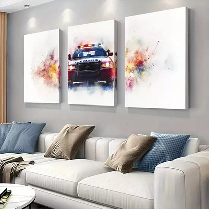 3pcs Watercolor Painting Dynamic Police Car Art Set Canvas Framed 50x70cm - High Quality Print 100% Australian Made Wall Canvas Ready to Hang