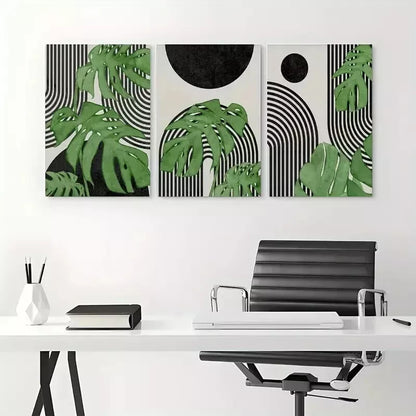 3pcs Geometric Monstera Leaf Wall Art Set Canvas Framed 50x70cm - High Quality Print 100% Australian Made Wall Canvas Ready to Hang