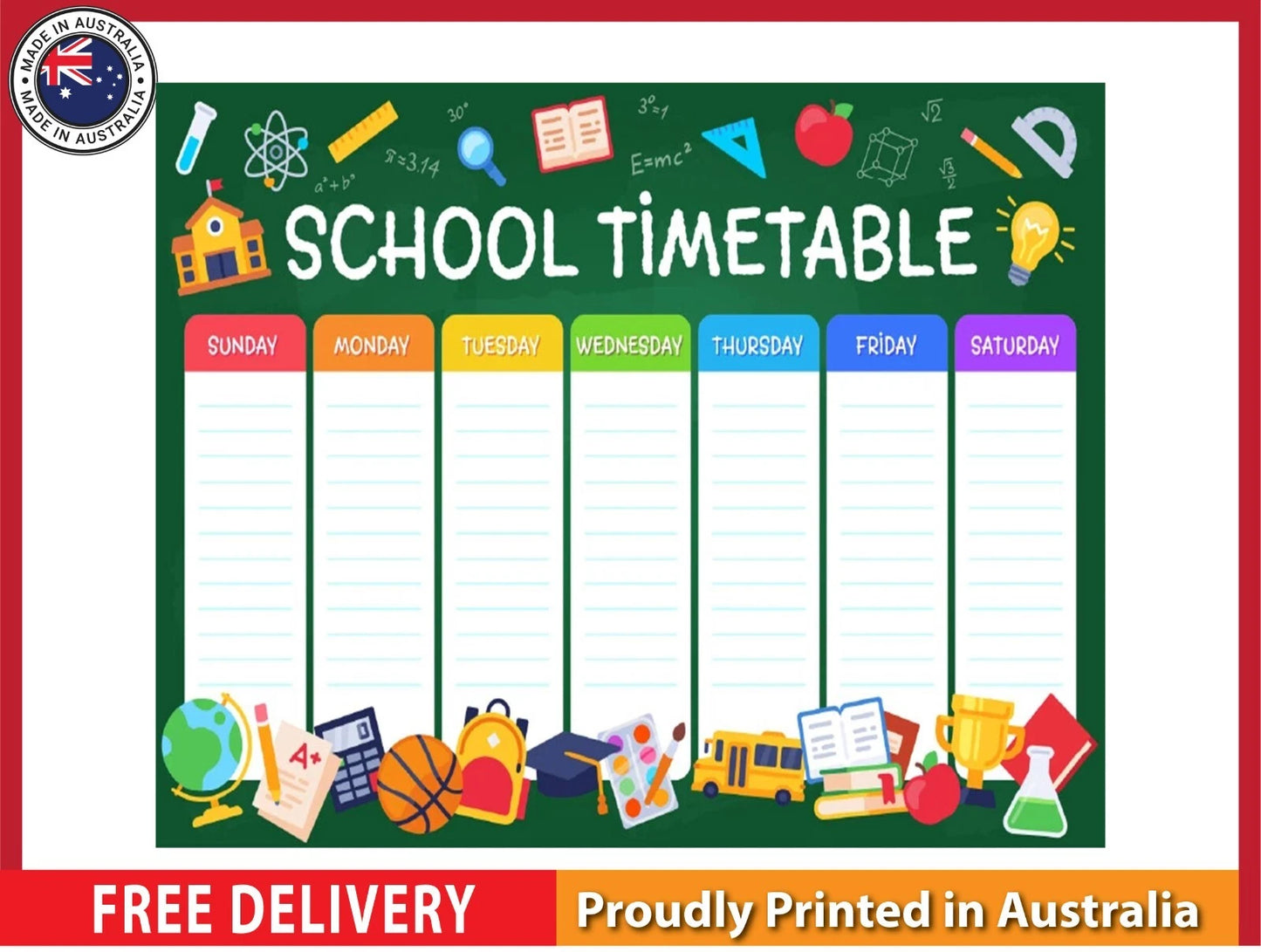 NEW (LAMINATED) Weekly School Timetable (61X91CM) Education CHART PICTURE PRINT