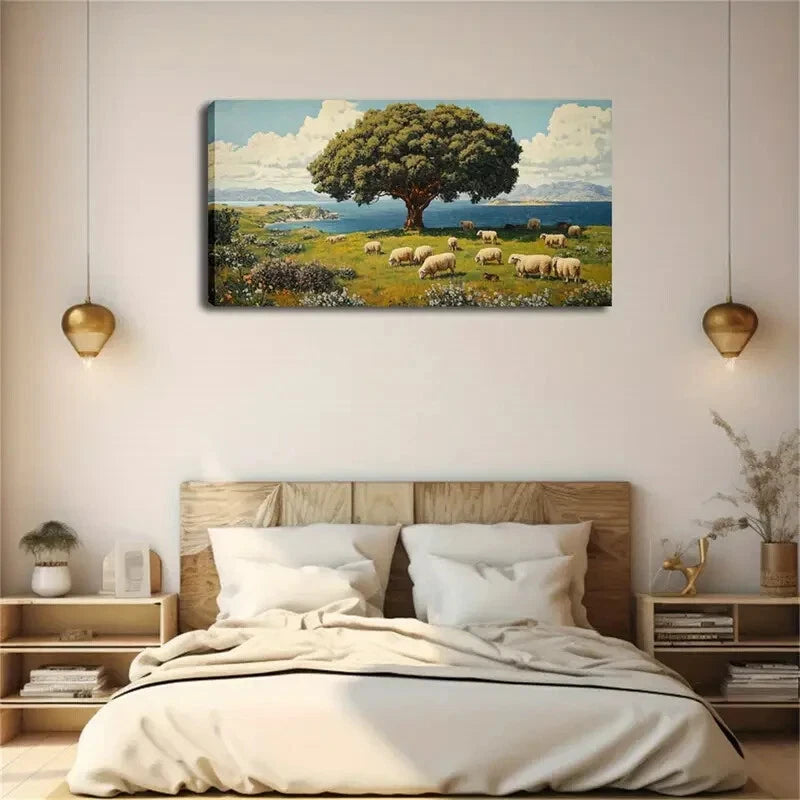 Group Of Sheep Grazing Modern Wall Art Canvas Office Home Room Framed 120x60cm - Bella Home Decor