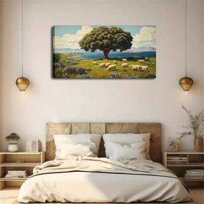 Group Of Sheep Grazing Modern Wall Art Canvas Office Home Room Framed 120x60cm - Bella Home Decor