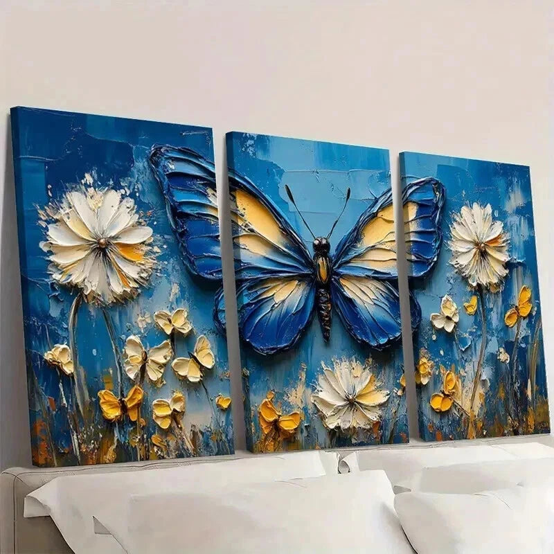 3pcs Blue Butterflies & Dandelion Flowers Wall Art Set Canvas Framed 60x90cm - High Quality Print 100% Australian Made Wall Canvas Ready to Hang - Bella Home Decor