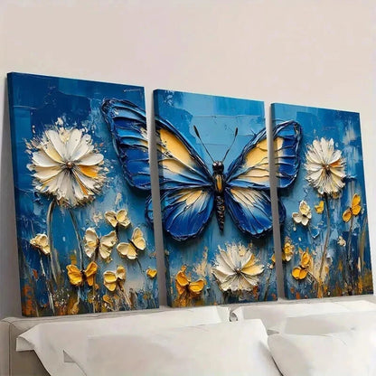 3pcs Blue Butterflies & Dandelion Flowers Wall Art Set Canvas Framed 60x90cm - High Quality Print 100% Australian Made Wall Canvas Ready to Hang - Bella Home Decor