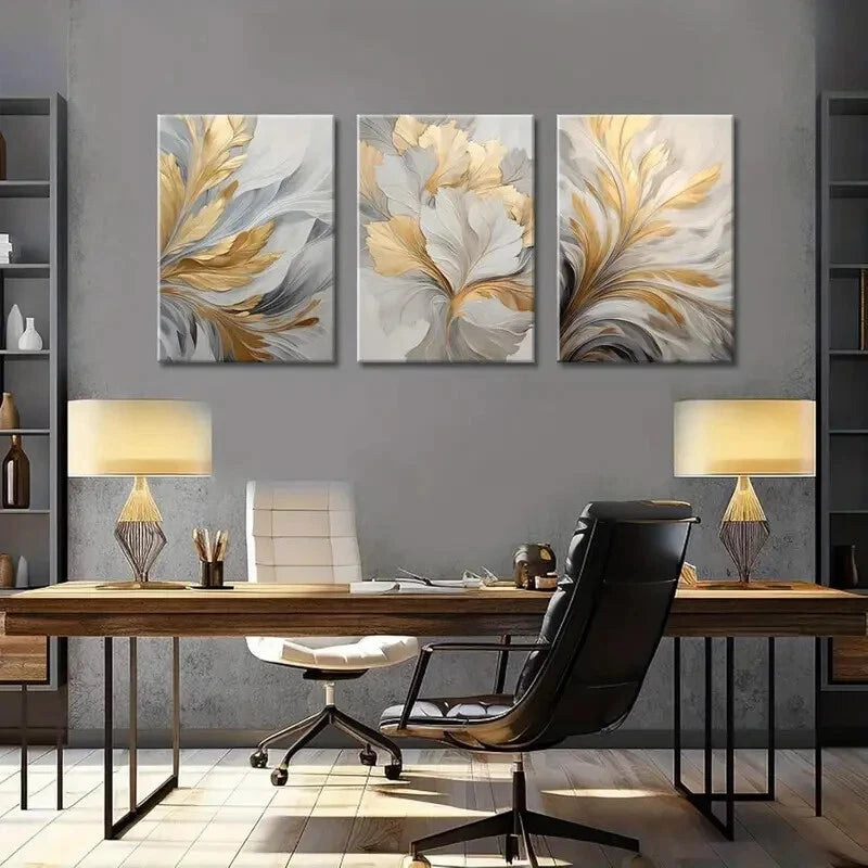 3pcs Modern Abstract Golden & White Metal Print Ready to Hang Art - Bella Home Decor