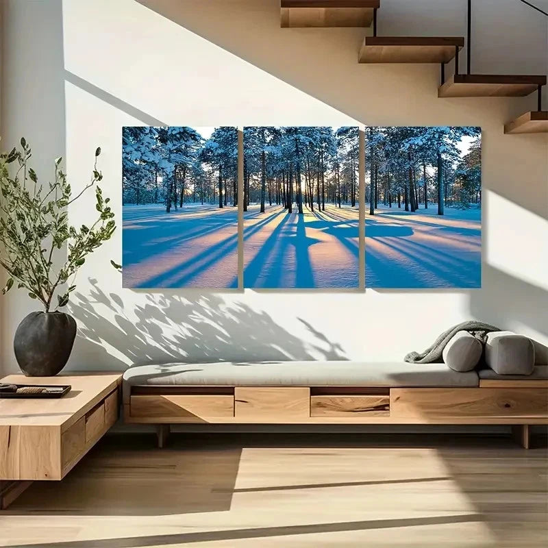 3pcs Winter Sunset in Forest Metal Print Ready to Hang Art