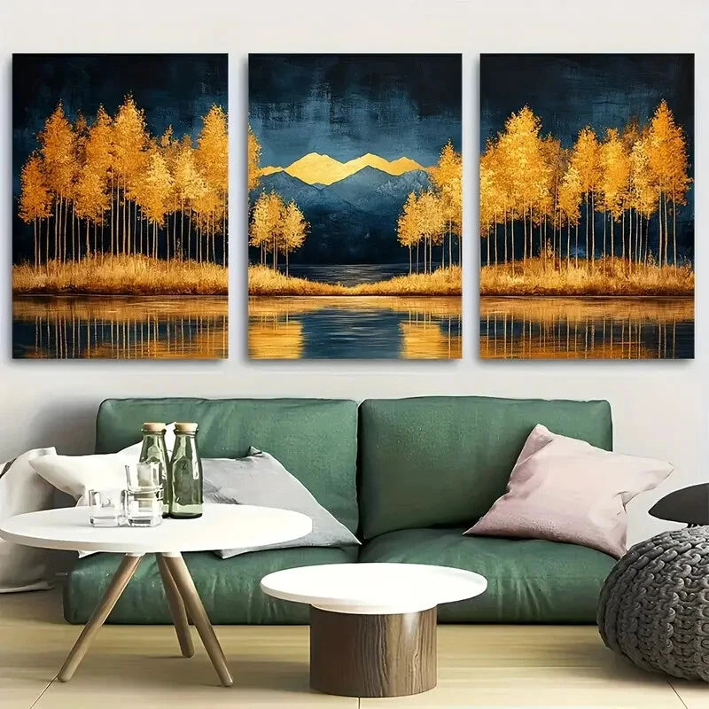 3pcs Vibrant Golden Trees Forest Nature Design Metal Print Ready to Hang Art - Bella Home Decor